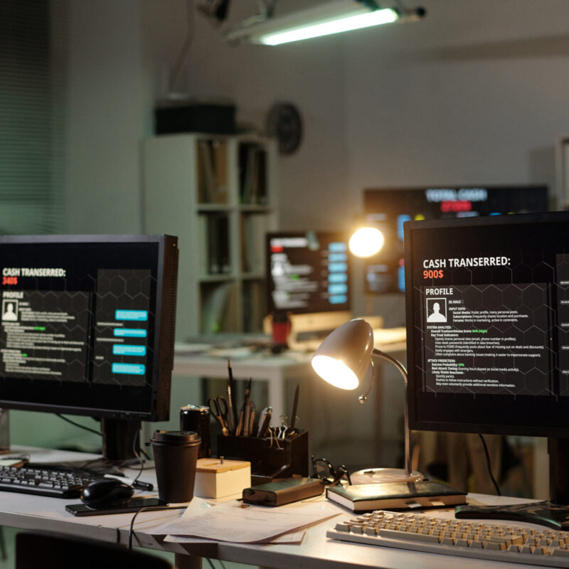 Empty office workspace showing two computer monitors displaying scam call center interface with fake profiles and transaction details